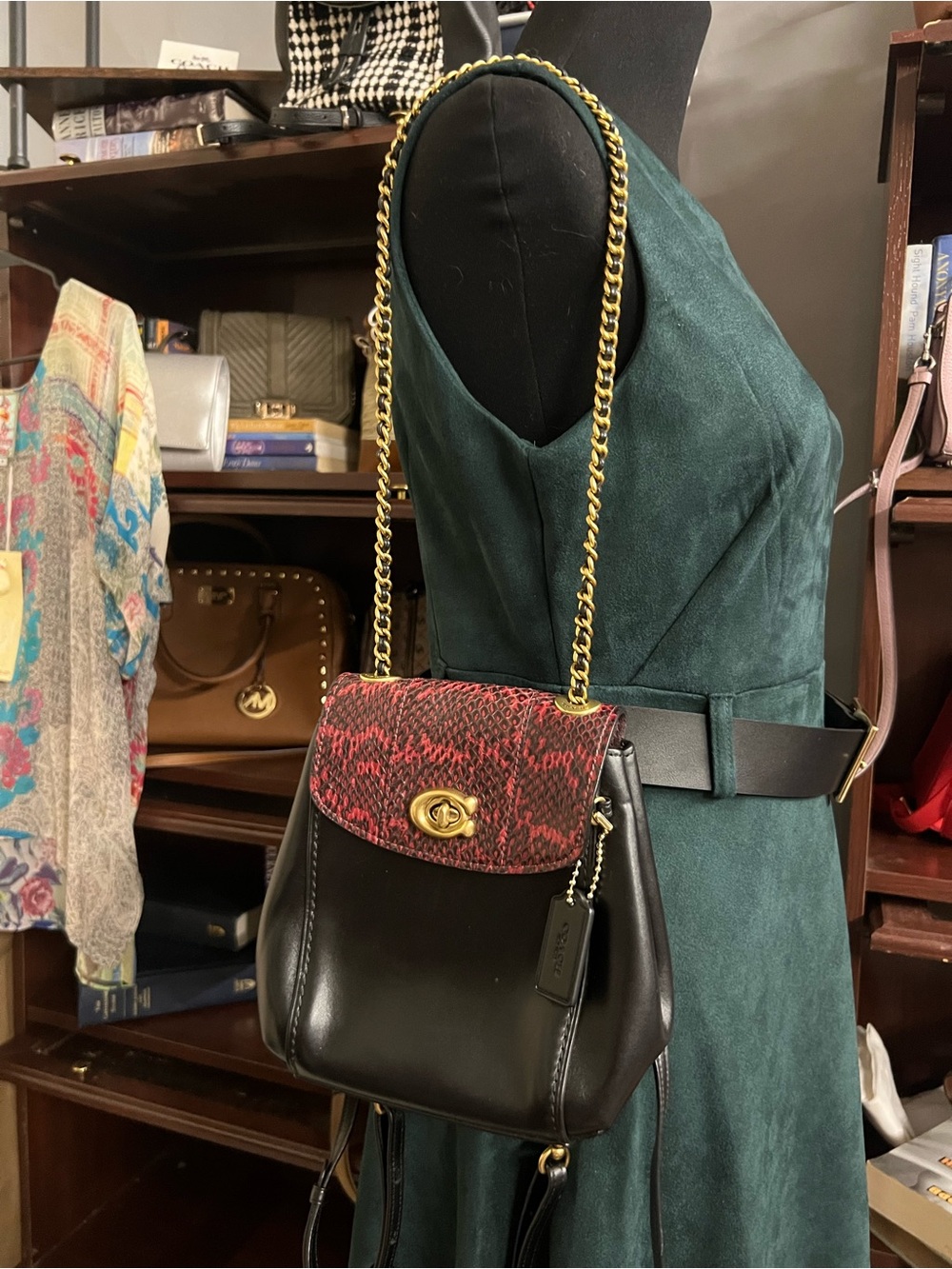 Coach Parker Black Leather Backpack with Red Python-Print Flap and Gold Hardware - Picture 2 of 7